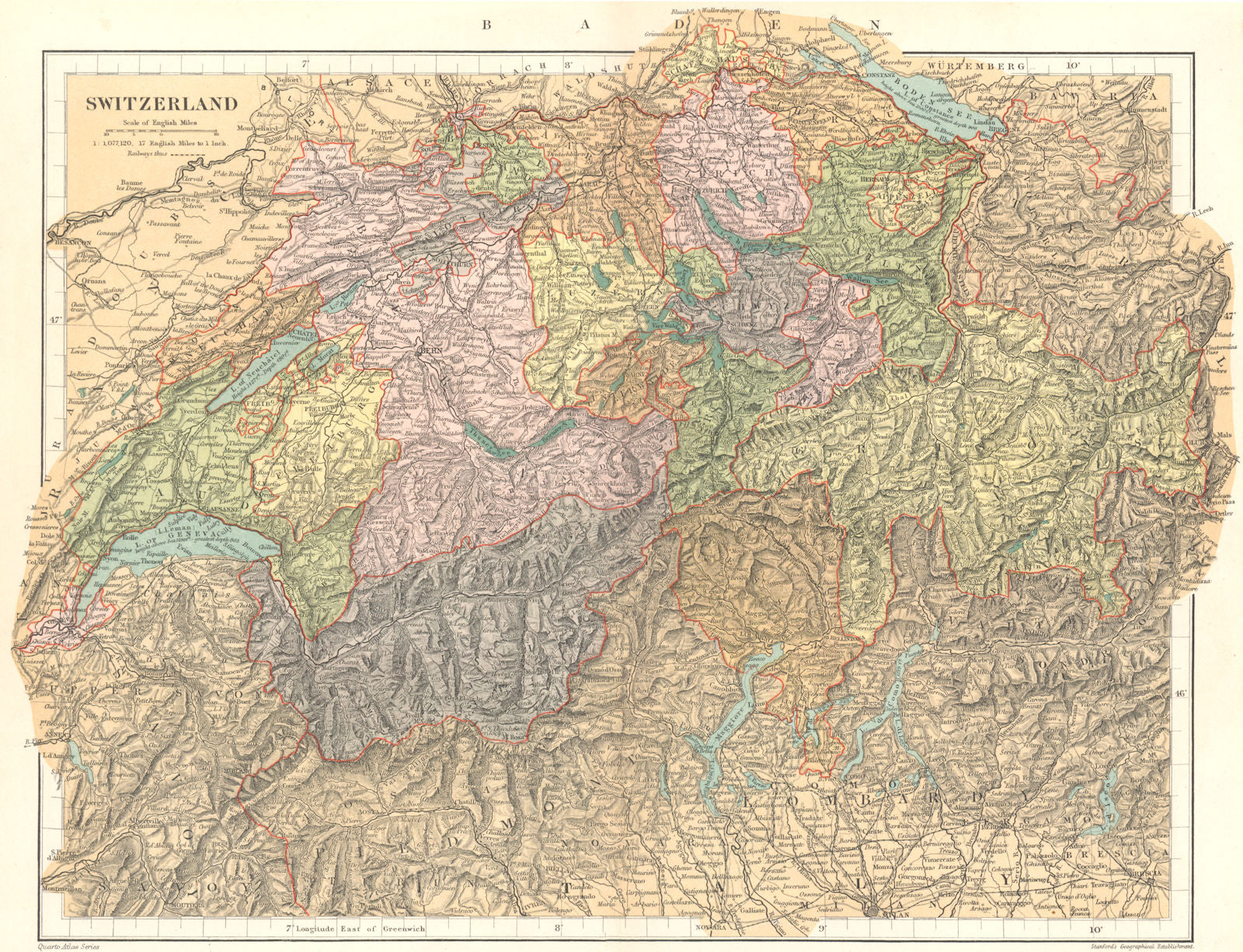 SWITZERLAND. Switzerland. Stanford 1892 old antique vintage map plan chart